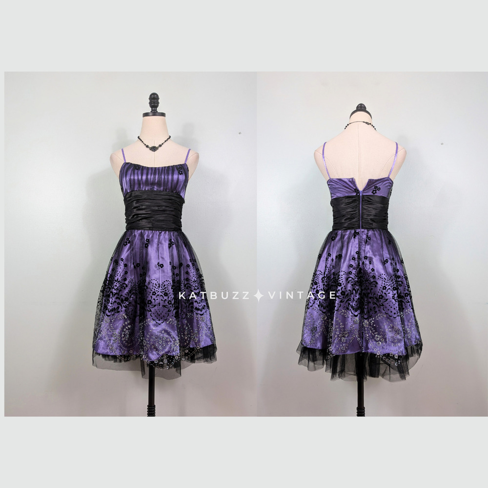 Vintage Prom Dress Mini Gown 2 Purple Black Y2K Floral Babydoll Goth Hoco Glam